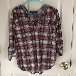 Soft red, white, and black flannel w/ a grey hood